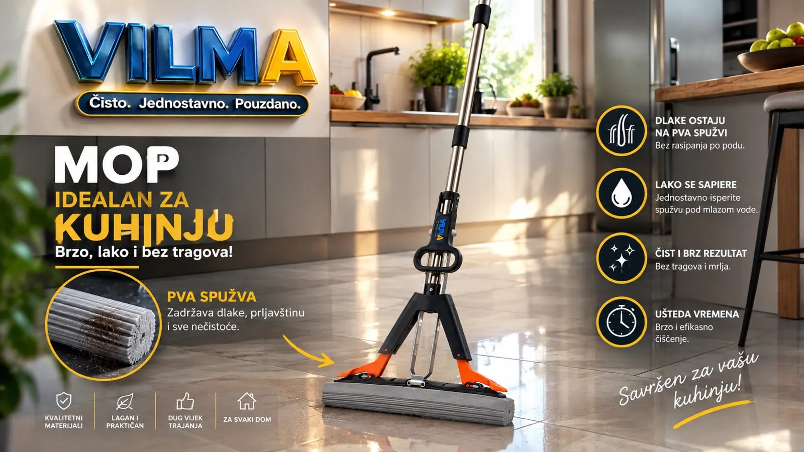 Vilma mop u kuhinji, PVA spužva zadržava dlake i prljavštinu