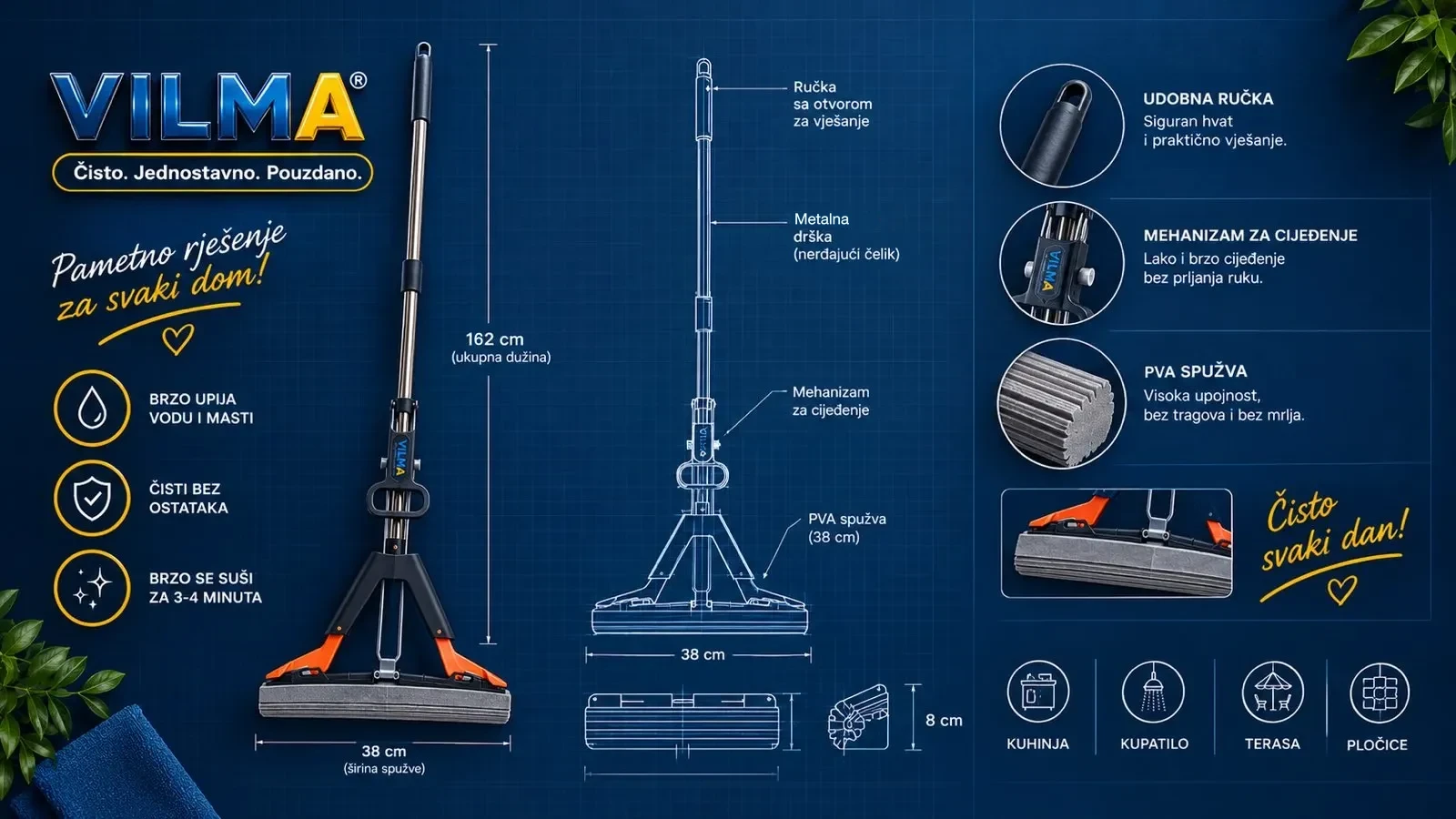 Vilma mop: mjere i dijelovi, dužina 162 cm, spužva 38 cm